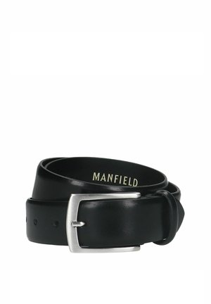 Zwarte leren riem met een gladde textuur, voorzien van een zilveren rechthoekige gesp en meerdere verstelgaten. Merkopdruk luidt "MANFIELD."