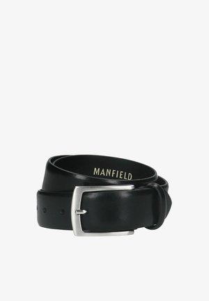 Zwarte leren riem met een gladde textuur, voorzien van een zilveren rechthoekige gesp en meerdere verstelgaten. Merkopdruk luidt "MANFIELD."