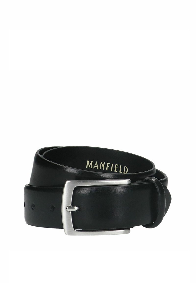 Zwarte leren riem met een gladde textuur, voorzien van een zilveren rechthoekige gesp en meerdere verstelgaten. Merkopdruk luidt "MANFIELD."