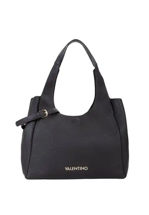 Borsa a tracolla in pelle nera con finitura testurizzata, forma rotonda, doppie spalline e un accento in oro con logo sulla base.