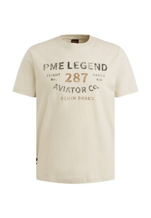 T-shirt di cotone beige chiaro con maniche corte, caratterizzato da elementi testuali grafici neri e dorati sul davanti, scollatura a girocollo e orlo dritto.