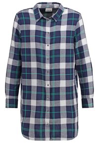 Navy and white plaid shirt with green accents, button-up front, pointed collar, long sleeves, made of soft fabric. Features a straight cut.