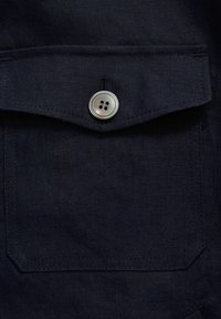 Dark navy fabric with a smooth texture, featuring a flap pocket and a four-hole button in a light color at the closure.