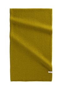 Sciarpa rettangolare morbida lavorata a maglia in verde oliva con una piccola etichetta bianca del marchio nell'angolo in basso a destra.