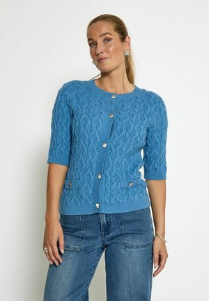 Lichtblauwe gebreide cardigan met kabelontwerp, ronde halslijn, korte mouwen en voorzakken. Zilveren knopen voegen functioneel detail toe.