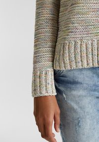 Flerfärgad stickad tröja med texturerad yta, med ribbade muddar och fåll. Bärs med ljusblå slitna jeans.