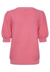 Roze trui met korte mouwen en een ronde hals, gemaakt van gestructureerde stof met opgeblazen mouwen, afgewerkt met een geribde zoom.