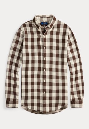 Bruine en crème geruite button-up shirt met een kraag, lange mouwen en een klein 'Polo'-logo op de borst. Gestructureerde stof.