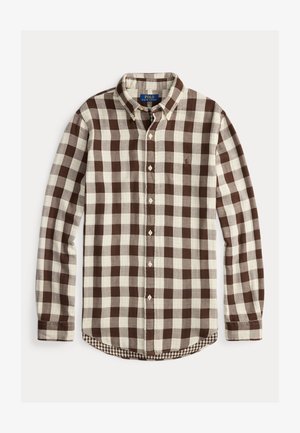 Bruine en crème geruite button-up shirt met een kraag, lange mouwen en een klein 'Polo'-logo op de borst. Gestructureerde stof.