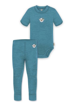 Blaues Zweiteiliges Set, bestehend aus einem kurzärmeligen Body mit Druckknöpfen und passenden langen Hosen. Mit einem bestickten Schafdesign.