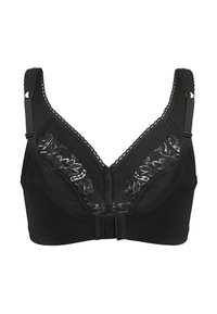 Czarny biustonosz z gładkiej tkaniny, zdobiony koronką na miseczkach, regulowanymi ramiączkami oraz zapięciem na haftki z tyłu.