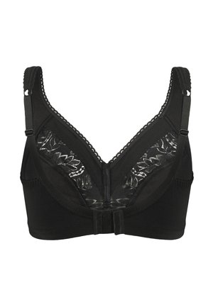 Schwarzer BH aus glattem Stoff, mit Spitzendetails an den Körbchen, verstellbaren Trägern und einer Haken-Ösen-Verschluss auf der Rückseite.