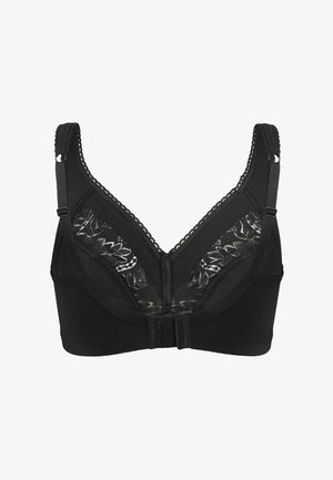 Schwarzer BH aus glattem Stoff, mit Spitzendetails an den Körbchen, verstellbaren Trägern und einer Haken-Ösen-Verschluss auf der Rückseite.