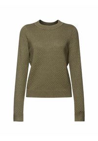 Oliwkowy sweter z teksturowanym wzorem plastra miodu, przedstawiający ściągacz przy okrągłym dekolcie i mankietach, długie rękawy oraz dopasowaną sylwetkę.