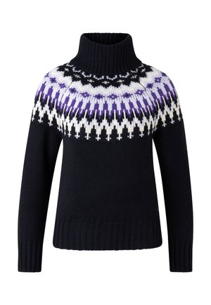 Gebreide coltrui met een zwart lichaam en een gebreide schouderpartij in wit en paarse tinten. Geribbelde manchetten en zoom.