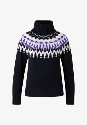 Pletený rolák s černým tělem a vzorovanou našívkou v bílé a odstínech fialové. Žebrované manžety a lem.