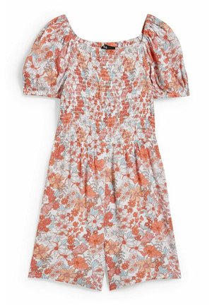 Kleid mit Blumenmuster aus weichem Stoff, mit puffigen kurzen Ärmeln, gerafftem Oberteil und knielangem Rock mit mehrfarbigen Blumen.