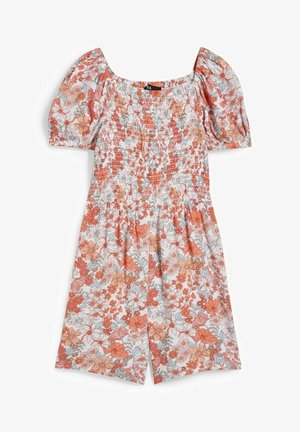 Sukienka w kwiatowy wzór z miękkiej tkaniny, z bufkami na krótkich rękawach, marszczoną górą i spódnicą do kolan z wielokolorowymi kwiatami.