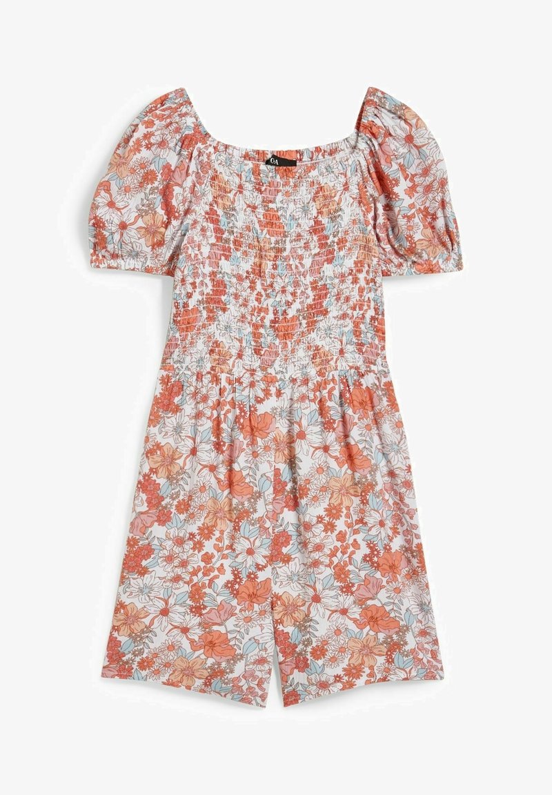 Robe à motifs floraux en tissu doux, avec manches courtes bouffantes, corsage froncé et jupe longueur genou ornée de fleurs multicolores.