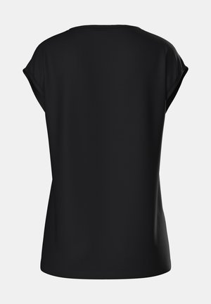 Črna kratka majica s kratkimi rokavi, ki ima sproščen kroj, okroglo ovratnico in gladko teksturo tkanine, z diskretnimi šivi na ramenih. Prikaže se zadnji pogled.