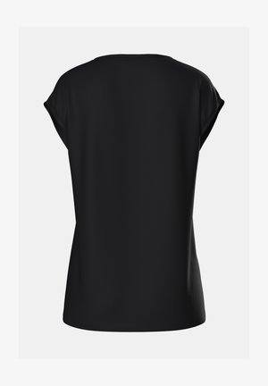 Schwarzes Kurzarmoberteil mit lässiger Passform, Rundhalsausschnitt und glattem Stoffgefühl, mit dezenten Schulternahtdetails. Rückansicht angezeigt.