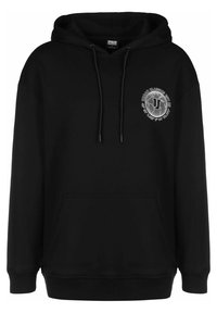Felpa nera con cappuccio in misto cotone, presenta una tasca a marsupio frontale, cappuccio regolabile con cordino e un logo grafico circolare sul petto.