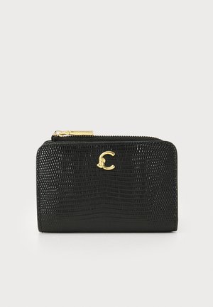 Black textured wallet in synthetic material with a zip closure. Features a gold logo accent on the front. Compact rectangular shape.