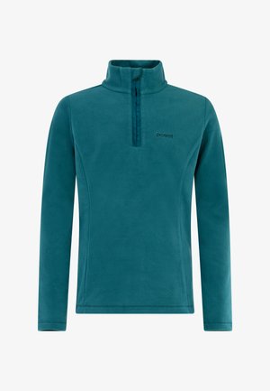 Teal fleece half-zip pullover met lange mouwen, gecombineerd met teal skibroeken met witte zijstrepen. Model draagt zwarte snowboots.