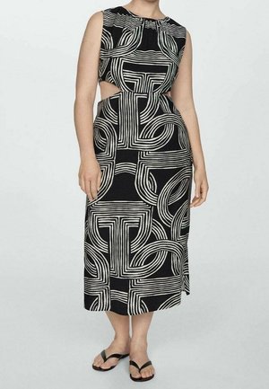 Schwarzes Midi-Kleid mit einem aufwendigen weißen Linienmuster. Mit runder Halslinie, ärmellosem Design und ausgeschnittenem Taillendetail.