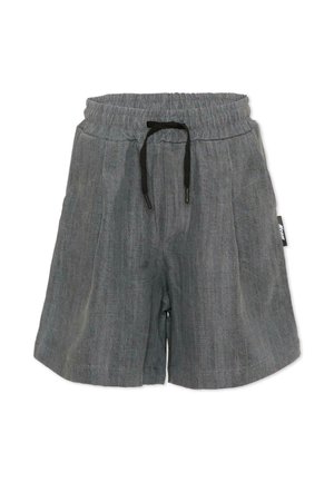 Pantaloncini grigi con vita elastica e coulisse nera, vestibilità ampia, tessuto strutturato e piccolo etichetta laterale nera sulla cucitura destra.