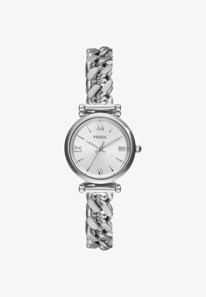 Reloj de pulsera Fossil plateado con esfera blanca, numerales romanos, tres manecillas y una gruesa cadena metálica enlazada.