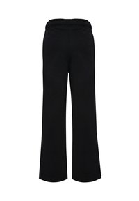 Schwarze Sweatpants mit einer lockeren Passform, aus weichem Stoff, mit einem elastischen Bund und ausgestellten Beinen, ohne Taschen oder Verzierungen.