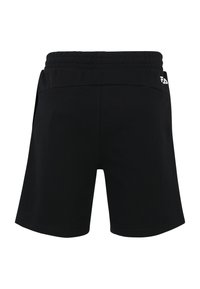 Svarta sportshorts med elastisk midja, slät textur och en liten vit logotyp på vänster sida nära midjan.