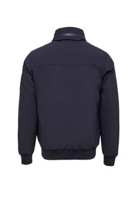 Dark navy bomber jacket, featuring a smooth finish, ribbed cuffs and hem, minimalist design, with a high collar and no visible branding.