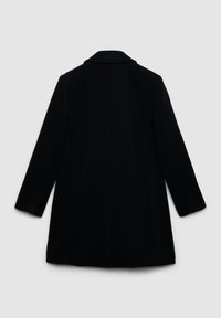 Cappotto lungo nero in lana con colletto classico e maniche lunghe, mostrato di spalle su uno sfondo grigio uniforme.