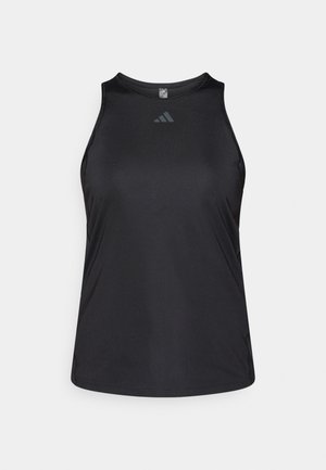 Svart ermeløs sportstopp med rund hals, glatt tekstur og en liten logo på brystet.