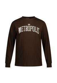 Maglietta a maniche lunghe marrone in cotone. Presenta una grande grafica "METROPOLIS" bianca sul petto. Design classico con colletto girocollo.