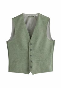 Green textured vest with a V-neck, five buttons, and two front pockets; lined interior in a smooth fabric. Suitable for formal wear.