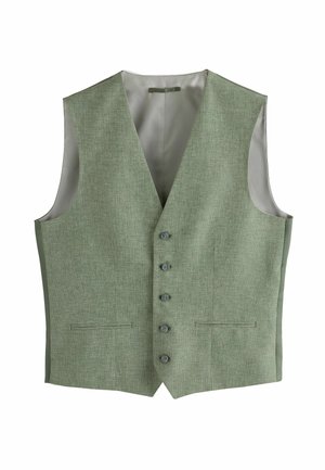 Green textured vest with a V-neck, five buttons, and two front pockets; lined interior in a smooth fabric. Suitable for formal wear.
