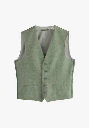 Green textured vest with a V-neck, five buttons, and two front pockets; lined interior in a smooth fabric. Suitable for formal wear.