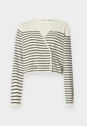 Afkortet cardigan i creme med sorte vandrette striber. Designet med V-hals, lange ærmer og dobbelte knapper som detalje.