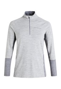 Pullover grigio a maniche lunghe con colletto a mezza zip, caratterizzato da un design texture e accenti grigi scuri sui lati e sulle maniche.