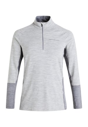 Gray long-sleeve pullover with a quarter-zip collar, featuring a textured design and darker gray accents on the sides and sleeves.