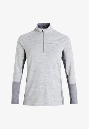 Grau melierter Langarmpullover mit einem Viertelreißverschlusskragen, der ein strukturiertes Design und dunkler graue Akzente an den Seiten und Ärmeln aufweist.