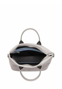 Hellgraue Lederhandtasche mit zwei Handgriffen, Reißverschlussfächern und glatter Textur. Verfügt über ein dunkles Innenleben mit blauen Akzenten.