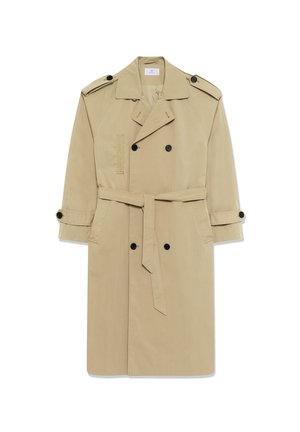 Beiger Trenchcoat aus leichtem Stoff. Verfügt über eine doppelte Knopfleiste, Gürtel und Schulterklappen. Schlichtes Design.