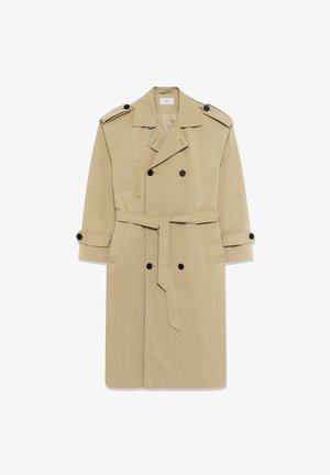 Beiger Trenchcoat aus leichtem Stoff. Verfügt über eine doppelte Knopfleiste, Gürtel und Schulterklappen. Schlichtes Design.