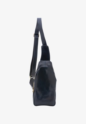 Borsa in pelle blu navy con un design elegante e strutturato. Presenta una lunga tracolla regolabile e un compartimento con zip per la conservazione.