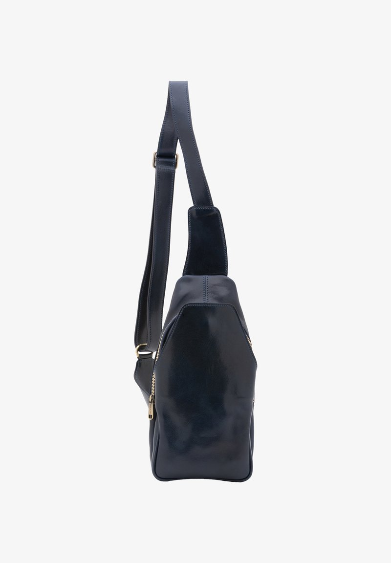 Borsa in pelle blu navy con un design elegante e strutturato. Presenta una lunga tracolla regolabile e un compartimento con zip per la conservazione.