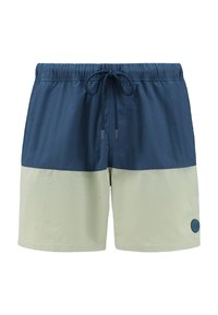 Zwemshorts voor heren met een marineblauwe bovenkant en een lichtgroene onderkant. Gemaakt van soepel materiaal, met een elastische tailleband en een trekkoord.